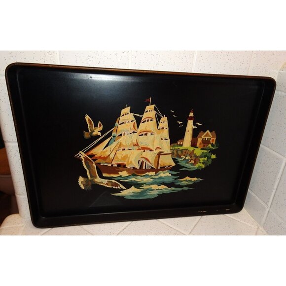 Tin Tray Sailing Ship Lighthouse Hand Painted Black Vintage Tole Style Rectangle - Picture 2 of 11